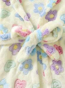 SHEIN Playful Pals 女婴可爱花朵、心形羊羔绒连帽、贴花动物脸印花长袖睡袍睡衣 - 彩色 - 查看 3