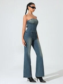 Mono vaquero minimalista de unicolor para uso diario para mujeres - Azul - Ver 4