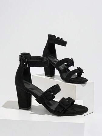 Women's Multi-Strap Ankle Wrap Chunky Heel Sandals, Solid Color Open Toe Buckle Strap High Heels, Black Faux Suede Dressy Summer Sandals Suitable For Party, Work And Daily Wear