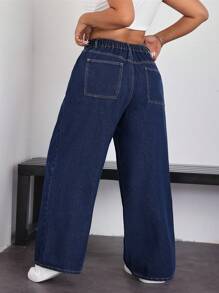 SHEIN ICON Plus Size Women's Basic Solid Color Casual Jeans - Dark Wash - View 2