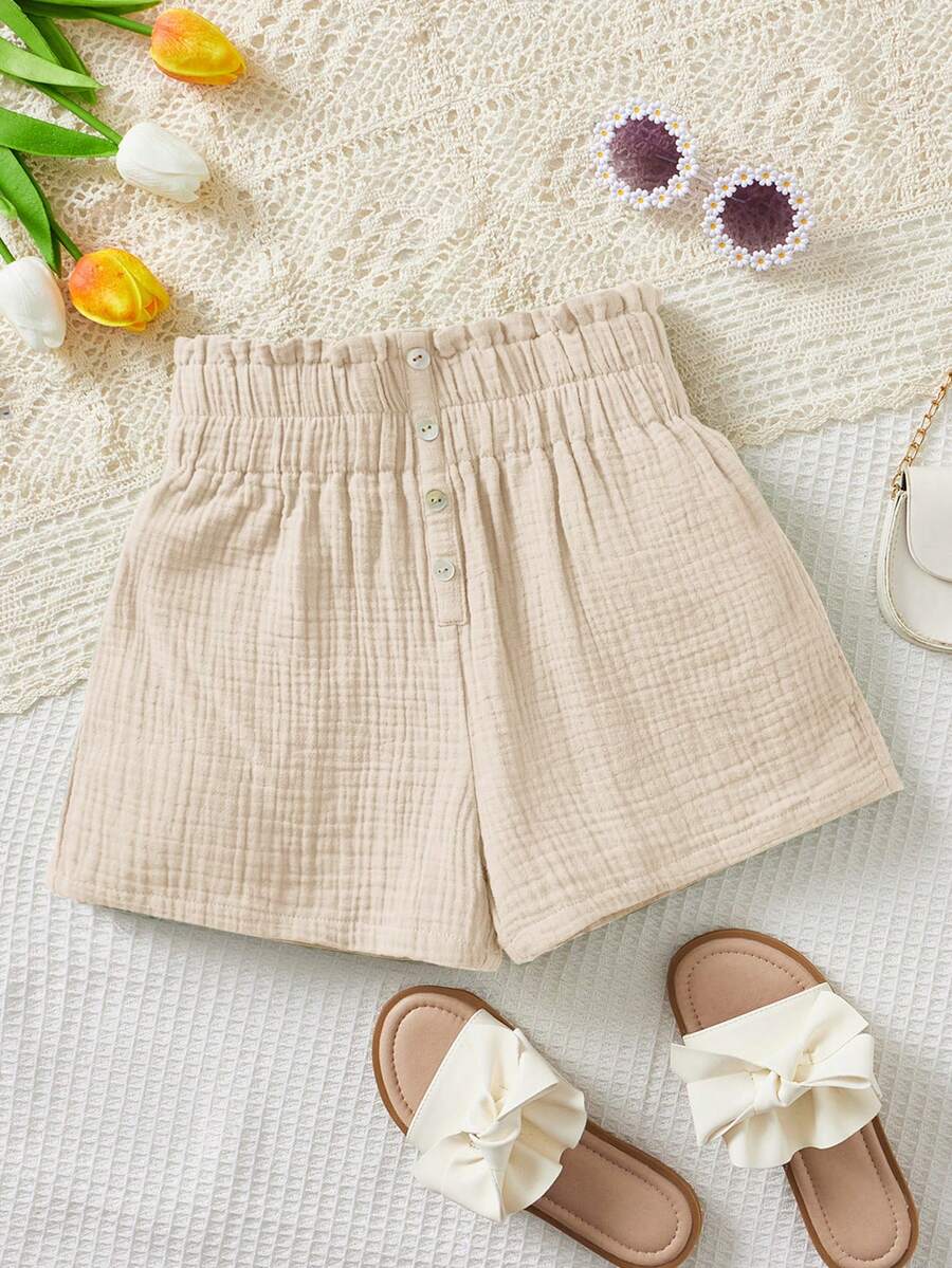 SHEIN Quần short dự tiệc cho bé gái tuổi teen, màu trơn, dáng rộng, cài cúc phía trước, viền bèo nhún trang trí. - Màu be - Xem 1