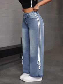 SHEIN EZwear Women's Front Button Striped Patchwork Denim Jeans, Casual Daily Wear - Blue - View 5