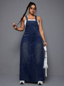 SHEIN ICON Đầm tổng thể denim hở lưng cỡ lớn, phong cách thường ngày rộng rãi thời trang - Màu xanh lam - Xem 3