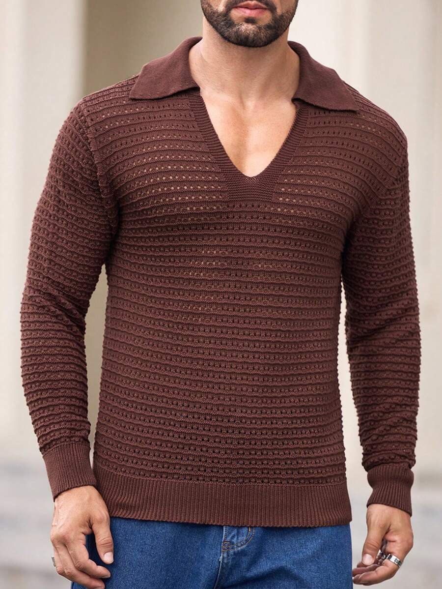 Manfinity VCAY Slim Fit kortärmad stickad tröja för män - Brun - Visa 1
