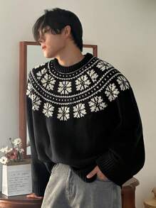 DAZY Men's Crew Neck Long Sleeve Casual Loose Pattern Patchwork Sweater, Autumn Christmas,New Year - Black - View 6