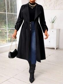 SHEIN Lady Autumn And Winter Casual Black Woven Waterfall Button Front Midi  Plus Size Trench Coats Women Coats Going Out Outfits - Black - View 4