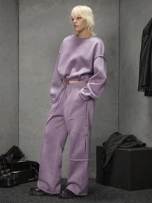 Manfinity VCAY 2 件男士宽松针织抽绳运动衫和直筒运动裤套装，春秋季，秋冬适用 - 淡紫色 - 查看 4