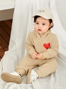 SHEIN Trang phục 2 món thường ngày cho bé gái áo nỉ có mũ in hình trái tim và quần dài, mùa thu đông - Màu Khaki - Xem 6