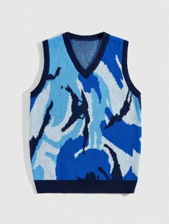 Prep Chaleco de punto jacquard con escote en V sin mangas, sencillo, jersey casual para hombre