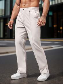 Manfinity Homme Men Suit Pants Nút Túi Dây kéo màu trơn - Màu be - Xem 6