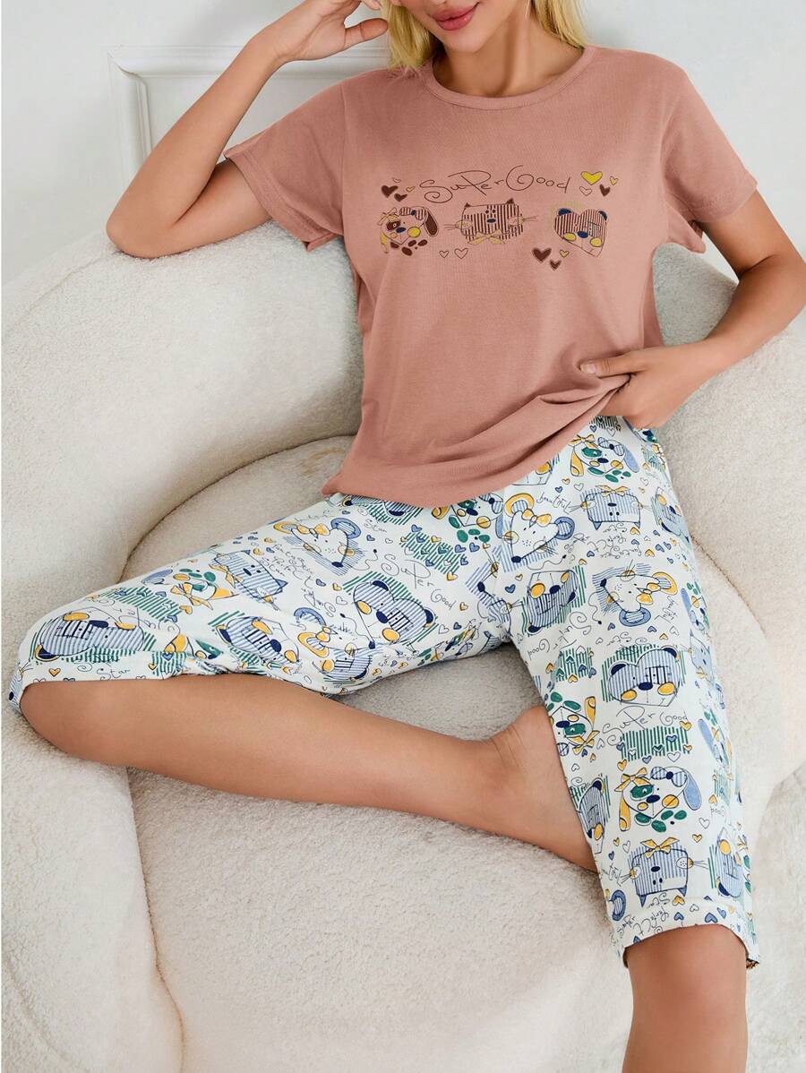 SHEIN Cottnline 2Pcs Cute Animals Printed Shirt And Animals Printed Capri Homewear PJ Set - Baby Pink - View 1
