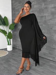 Maweii Plus Size Nữ Màu Trơn Đơn Giản Trang Trí Viền Cổ Bất Đối Xứng - màu đen - Xem 2