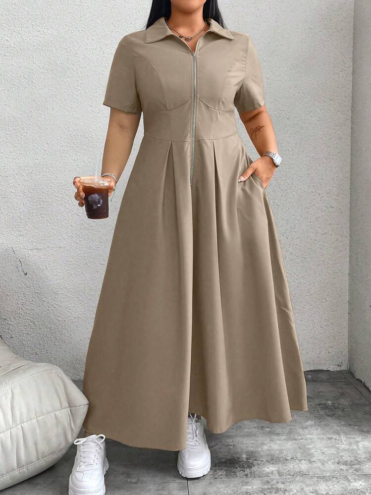 Flirla Plus Size Women's Solid Color Minimalist Casual Short Sleeve Dress  Maxi Women Outfit | SHEIN USA