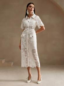 Anewsta 女士纹理白色蕾丝镂空经典衬衫裙适合节日派对服装长款女士服装 - 白色 - 查看 1