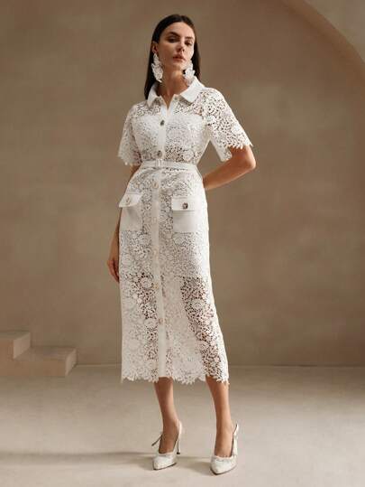 Anewsta Women's Textured White Lace Hollow-Out Classic Shirtdress For Holiday Party Clothes Maxi Women Outfit