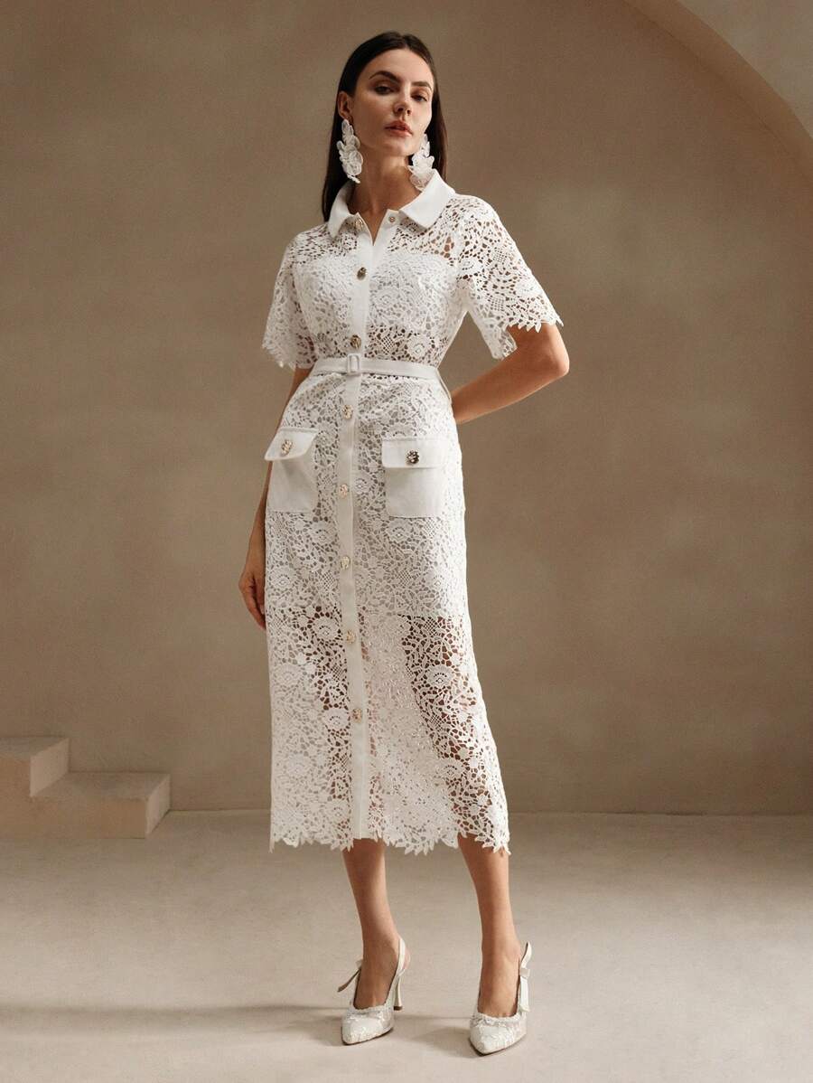 Anewsta 女士纹理白色蕾丝镂空经典衬衫裙适合节日派对服装长款女士服装 - 白色 - 查看 1