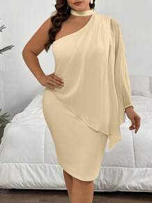 SHEIN Privé Robe blanche élégante plissée en mousseline de soie à épaule unique pour femme grande taille - Nude - Voir 1