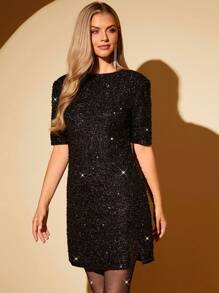 Amorya Backless Sequined Split Hem Party Fall Winter  Halloween Christmas Prom Sequin Asymmetrical Old Money New Year Dress For Women - Black - View 4