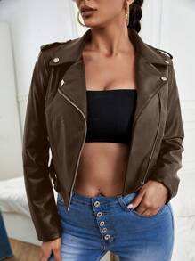 SHEIN Essnce Women's Solid Color Simple Everyday Stand Collar Long Sleeve Leather Jacket - Coffee Brown - View 1