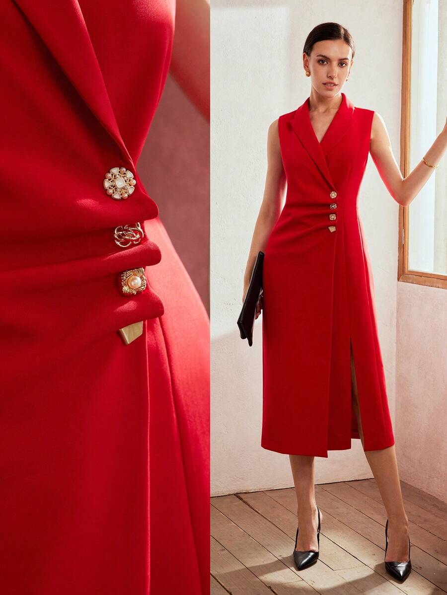 MOTF PREMIUM VESTIDO SOLIDO CON CUELLO PICO, BOTONES DORADOS, DETALLE FRUNCIDO Y ABERTURA EN EL MUSLO