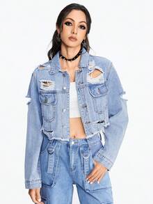 ROMWE Grunge Punk Women's Distressed Denim Cropped Jacket - Light Wash - View 3