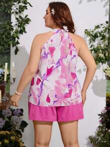 Breezaya Conjunto de 2 piezas de blusa con botones y estampado completo y pantalones cortos con bolsillo de talla grande