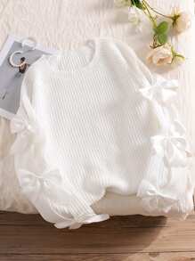 CosyJoli Plus Size Long Sleeve Pullover Sweater With Hollow Out Bow Decor, Cute & Loose Fit Knitted Top, Apricot Color In Fall/Winter,Slightly Sheer - Apricot - View 1