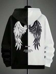 Manfinity Roughcore Men's Casual Contrast Color Wing Print Hoodie Sweatshirt Going Out Graphic Long Sleeve Color Block Hoodie, For Friends, Husband, Boyfriend Gifts, For Fall - Black and White - View 1