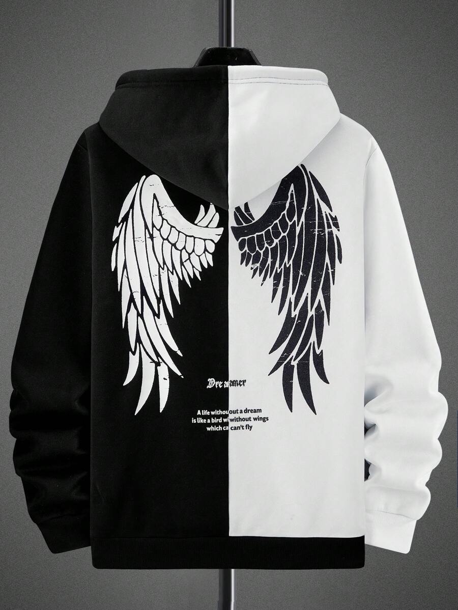 Manfinity Roughcore Men's Casual Contrast Color Wing Print Hoodie Sweatshirt Going Out Graphic Long Sleeve Color Block Hoodie, For Friends, Husband, Boyfriend Gifts, For Fall - Black and White - View 1
