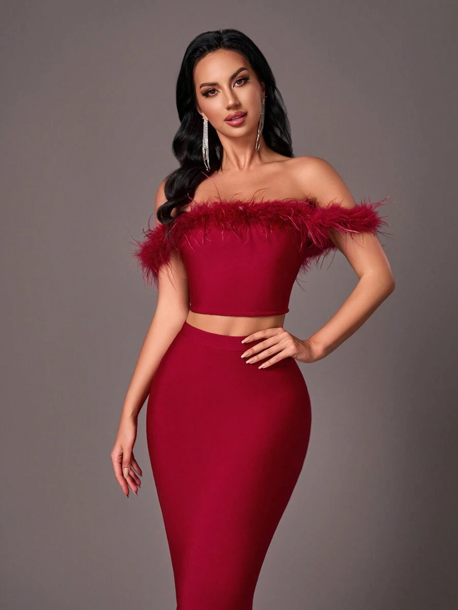 SHEIN Belle Elegant & Luxurious 2pcs Red Off Shoulder Feather Bodycon Bodycon Dress Suitable For Weddings, Bachelorette Parties, Vacations, Graduations, Galas (Heavily Embellished), Formal Evening Prom Gown, For Wedding Guest Dinner - Red - View 1