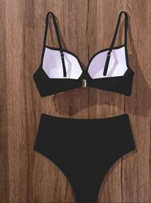 SHEIN Swim 女士純色交叉胸前性感比基尼套裝，適用於夏季沙灘（帶有加強墊片和鋼圈） - 黑色 - 查看 5