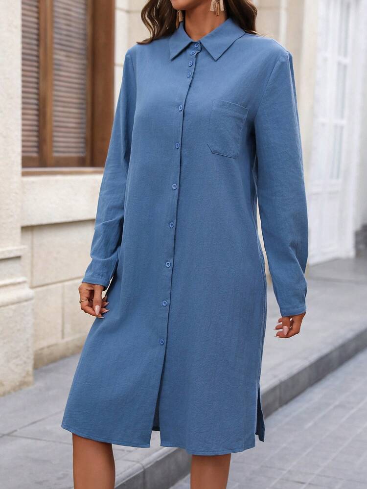 Women's Solid Color Simple Long Sleeve Button-Down Dress