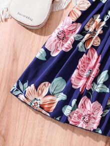 Floral Print Belted Round Neck Pleated Dress For Teen Girls - Blue - View 5