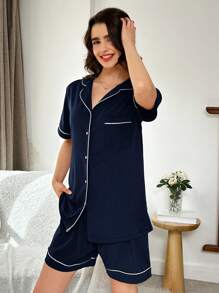 EURMUSE 2pcs/Women  Contrast Binding&Pocket Detail Pajama Set - Navy Blue - View 3