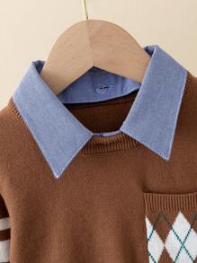 SHEIN Boys' Pullover Sweater With Attached Shirt Collar - Redwood - View 4