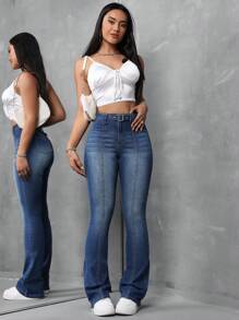 SHEIN Tall Jeans de campana de mujer, de mezclilla con estiramiento sexy, azules, corte bota
