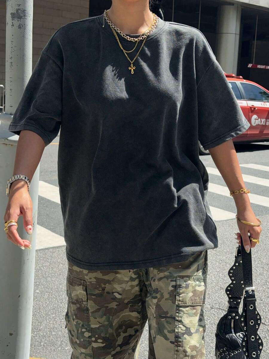 SHEIN EZwear 女士休闲宽松落肩黑色 T 恤，夏季