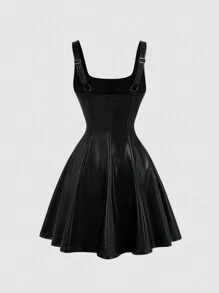 SHEIN MOD 黑色PU材质金属扣吊带连衣裙，适合返校季、迷你裙、秋季女装、万圣节服装、圣诞节、黑色连衣裙、舞会礼服、演唱会女装、锐舞节服装等场合。 - 黑色 - 查看 2