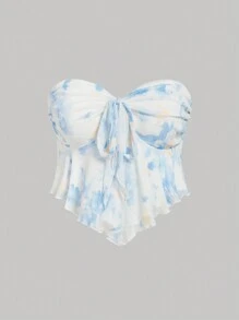 SHEIN MOD Plus Size Summer Pink Ombre Printed Front Tie Elastic Mesh Women's Bandeau Top, Tube Top, Going Out Tops, Plus Tops, Tops - Blue and White - View 1