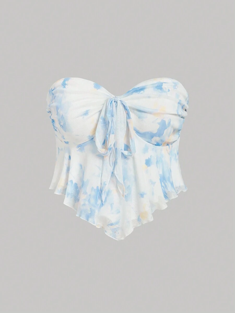 SHEIN MOD Plus Size Summer Pink Ombre Printed Front Tie Elastic Mesh Women's Bandeau Top, Tube Top, Going Out Tops, Plus Tops, Tops - Blue and White - View 1