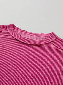 Acelitt Summer Casual Plain Loose Knit Textured Stripe Round Neck Short Sleeve T-Shirt - Hot Pink - View 7