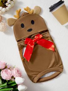 PETSIN 寵物狗貓通用啡色鹿角與蝴蝶結裝飾可愛卡通運動衫，1件 - 彩色 - 查看 1