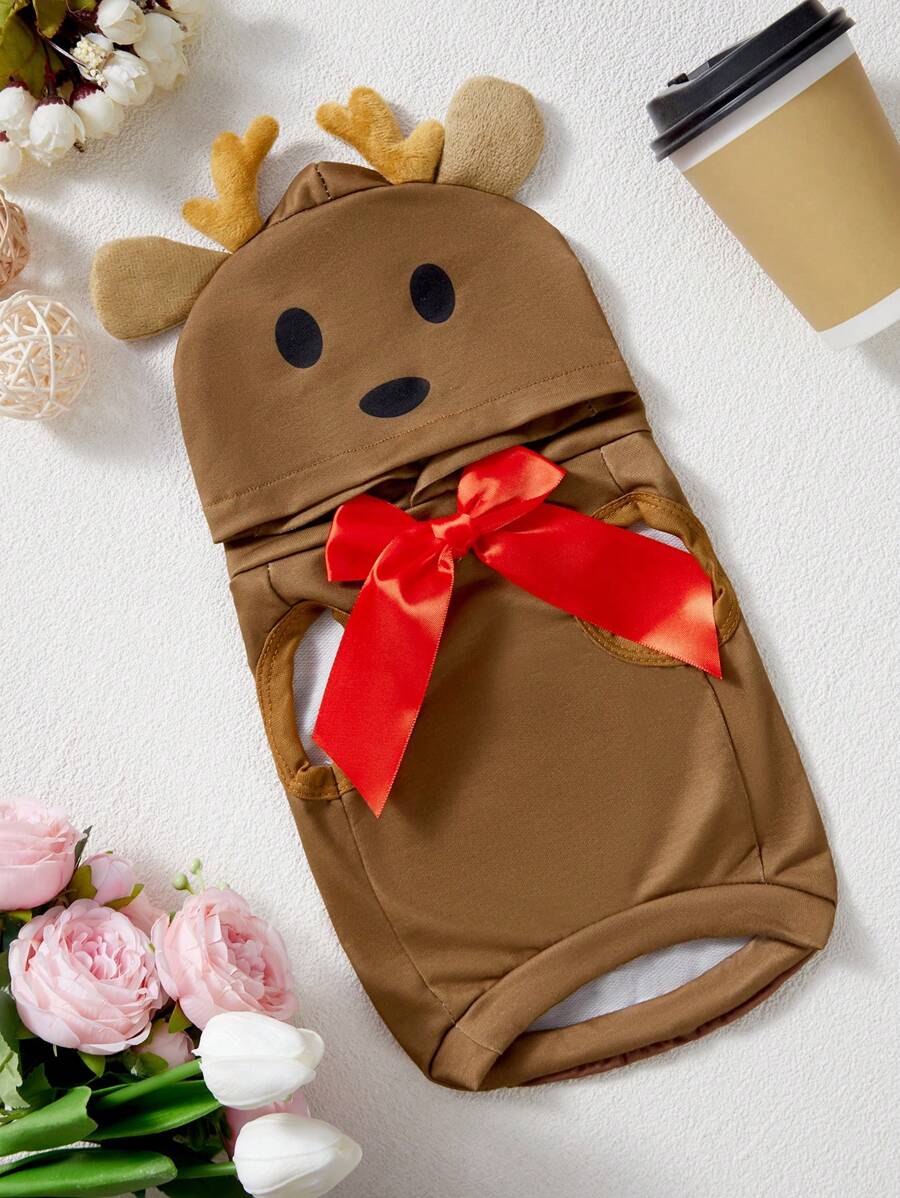 PETSIN 寵物狗貓通用啡色鹿角與蝴蝶結裝飾可愛卡通運動衫，1件 - 彩色 - 查看 1