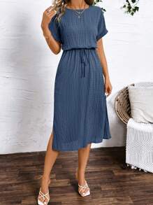 SHEIN Clasi Summer Military Green Textured Tie-Waist Short Sleeve Dress For Women