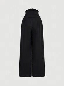 SHEIN MOD 复古宫廷风高腰前拉链拼接长裤，商务休闲，90年代风格，哥特风，韩版时尚，适合办公室穿着，晚宴，生日，返校节等场合，老钱风。 - 黑色 - 查看 2