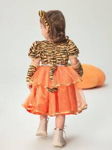 SHEIN 3pcs Girls Tiger Design Contrast Mesh Elegant Ruffled Dress With Tail, Princess Costume