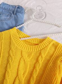 CosyJoli Suéter de punto de jacquard amarillo de manga farol, de cuello redondo y manga larga, elegante estilo universitario, para invierno. Suéter de invierno para adolescentes