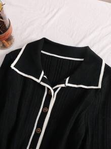 SHEIN Privé فستان كنزة صوفية كاجوال يومي أنيق ومريح ذو طبقات مريحة للشتاء، مقاسات كبيرة، بأكمام مطرزة وأزرار وخطوط ملونة بالتباين باللون الأسود - الأسود - مشاهدة 3