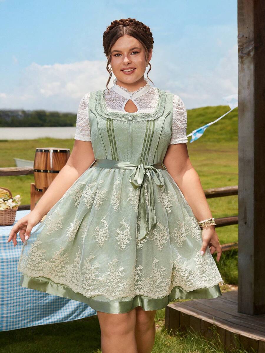 SHEIN Frenchy Plus Size Dirndl Green Embroidered Oktoberfest Dress For Women - Green - View 1