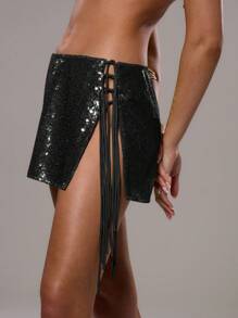 MUSERA Chân váy ngắn đính sequin buộc dây bên hông kiểu Ibiza, phù hợp cho mùa hè, phong cách boho, dự tiệc, kỳ nghỉ, lễ hội. - màu đen - Xem 1